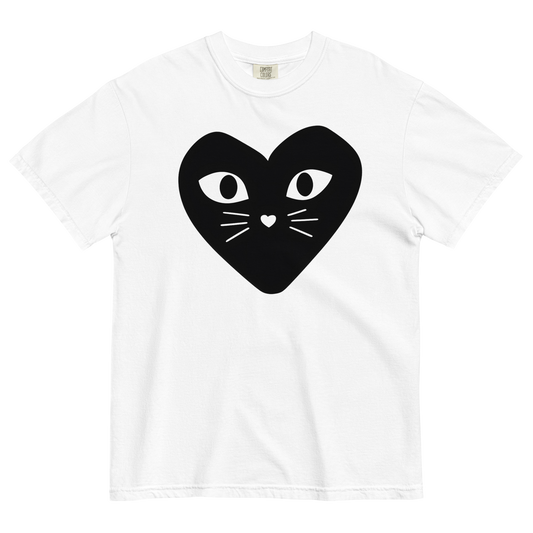 White cotton cat t-shirt with black heart logo featuring kitten whiskers, nose, and eyes, Maison Kitn parody design inspired by Comme des Garçons Play