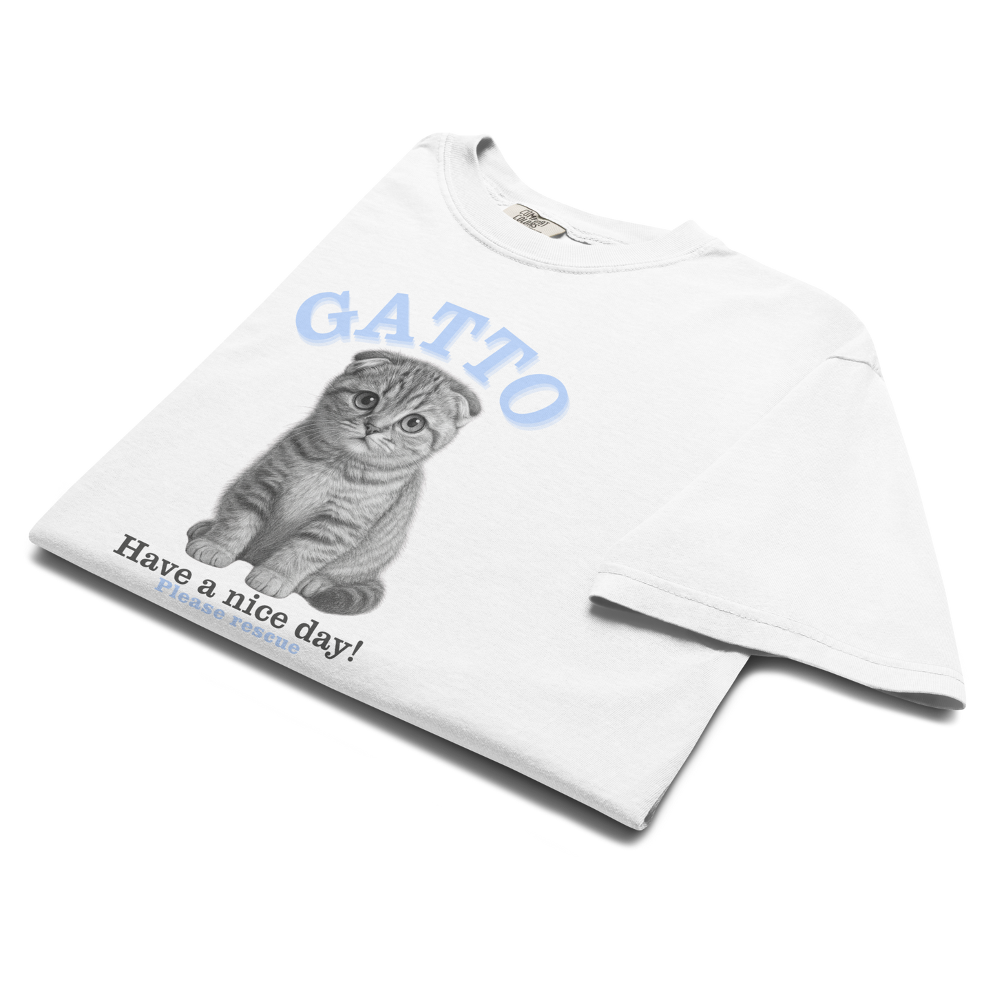 Cat illustration with 'GATTO' text and 'Have a nice day! Please rescue' message on a light blue background