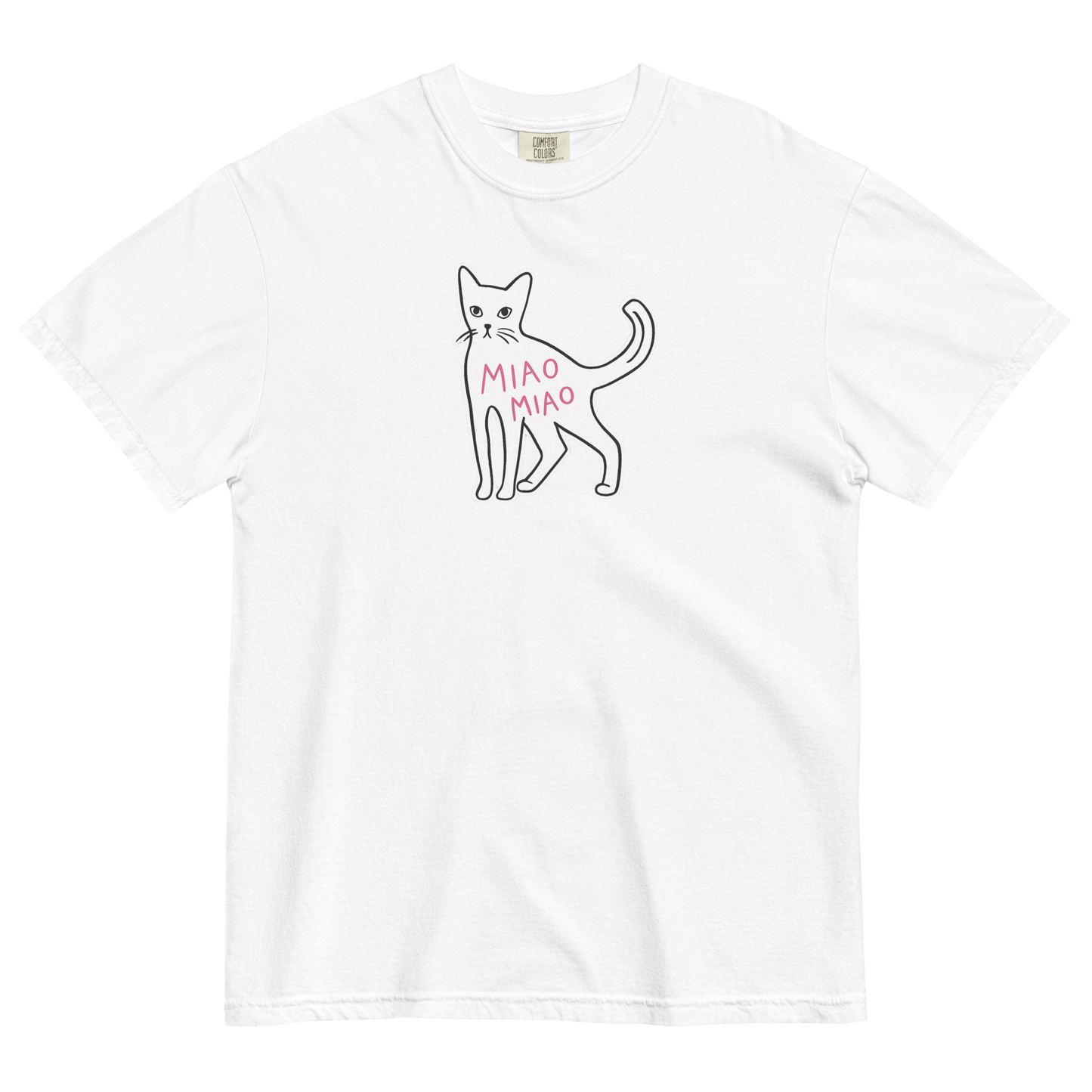 White cotton cat t-shirt with hand-drawn black cat graphic and pink “MIAO MIAO” lettering, Maison Kitn parody design inspired by Miu Miu.