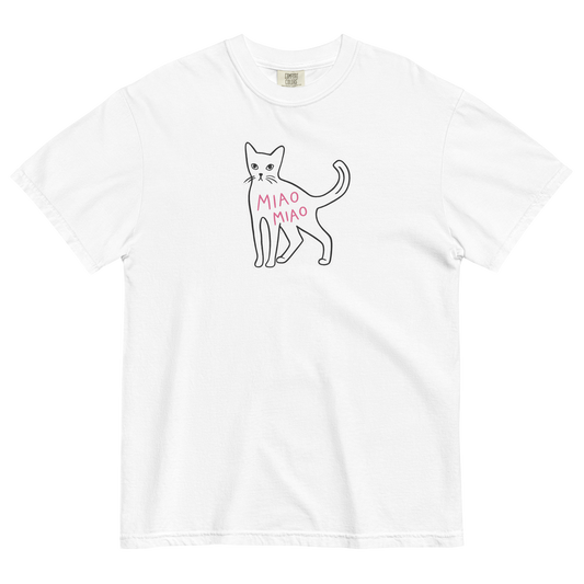 White cotton cat t-shirt with hand-drawn black cat graphic and pink “MIAO MIAO” lettering, Maison Kitn parody design inspired by Miu Miu.