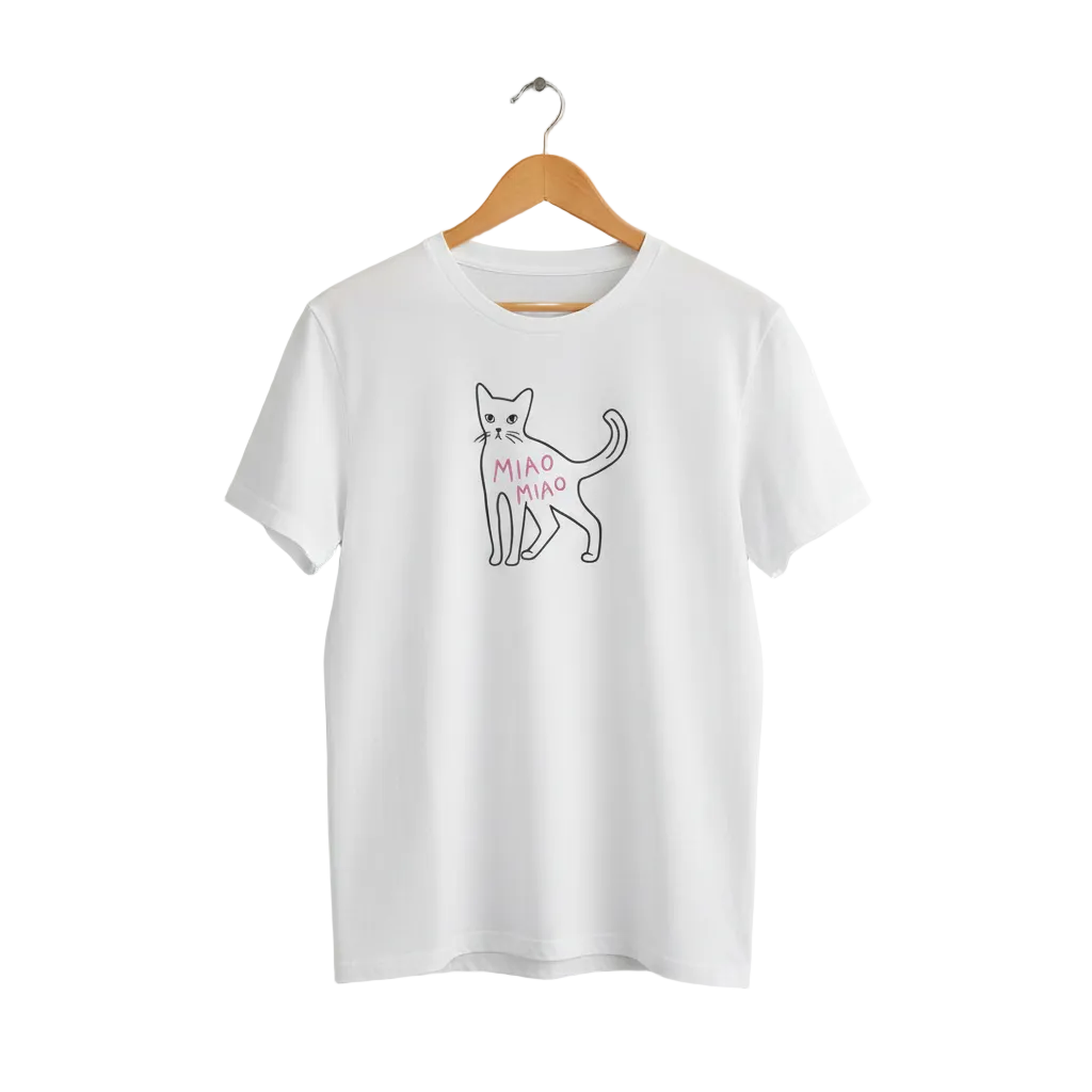 White cotton cat t-shirt with hand-drawn black cat graphic and pink “MIAO MIAO” lettering, Maison Kitn parody design inspired by Miu Miu.