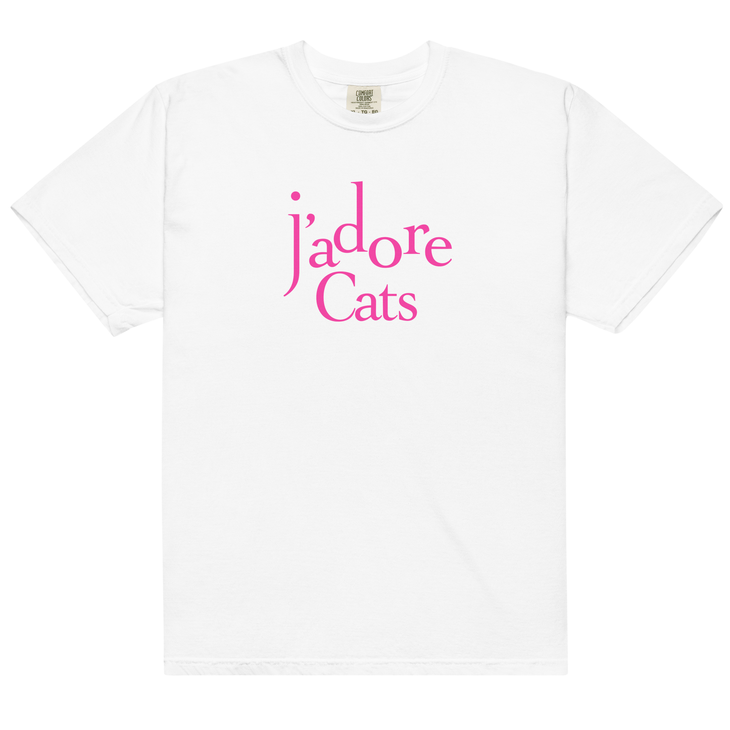 White t-shirt with pink text 'j'adore Cats' on a white background
