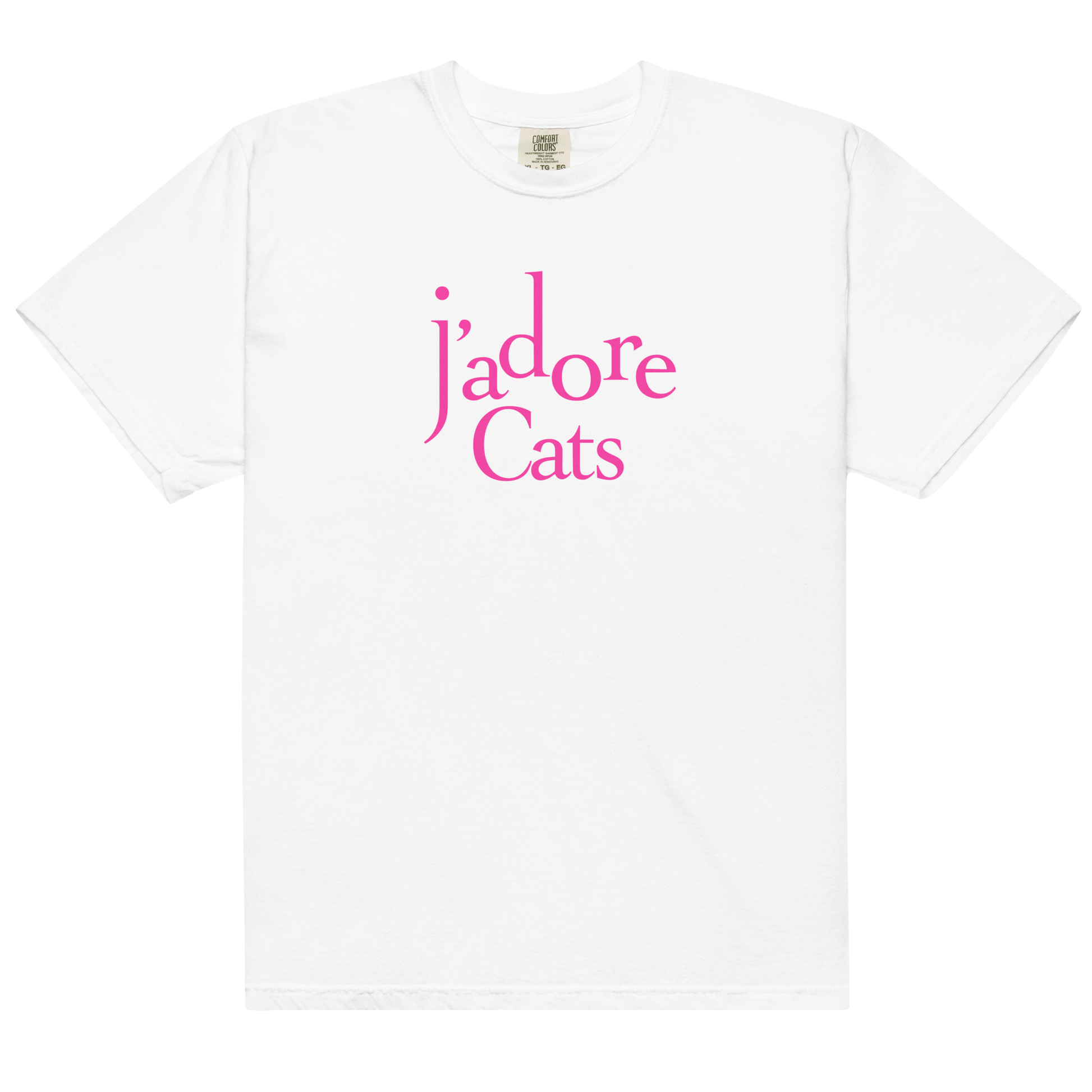 White t-shirt with pink text 'j'adore Cats' on a white background