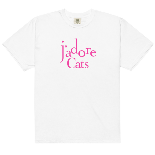 White t-shirt with pink text 'j'adore Cats' on a white background