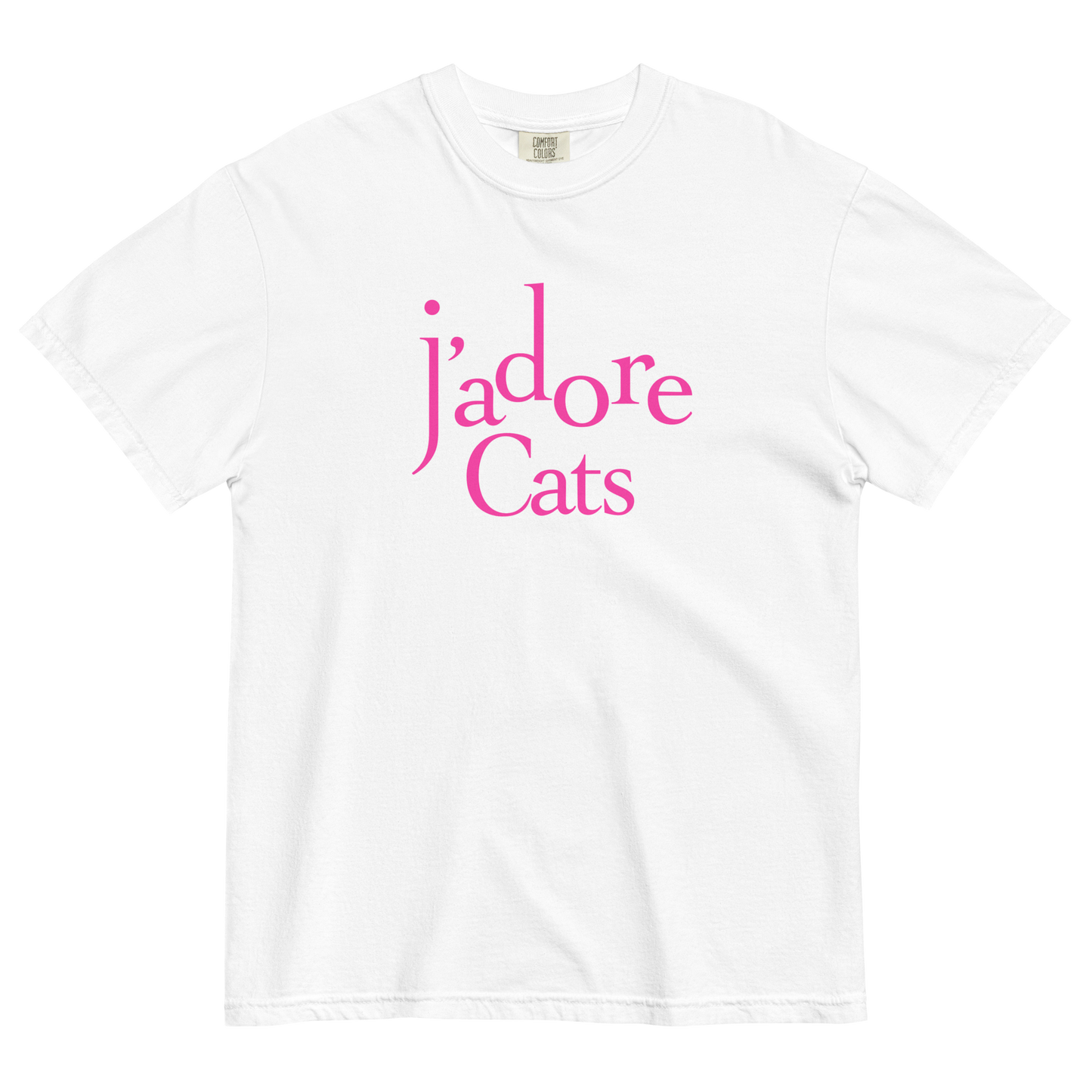 White t-shirt with pink text 'j'adore Cats' on a white background