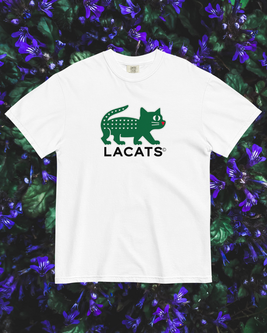 White t-shirt with green and black logo on a floral background