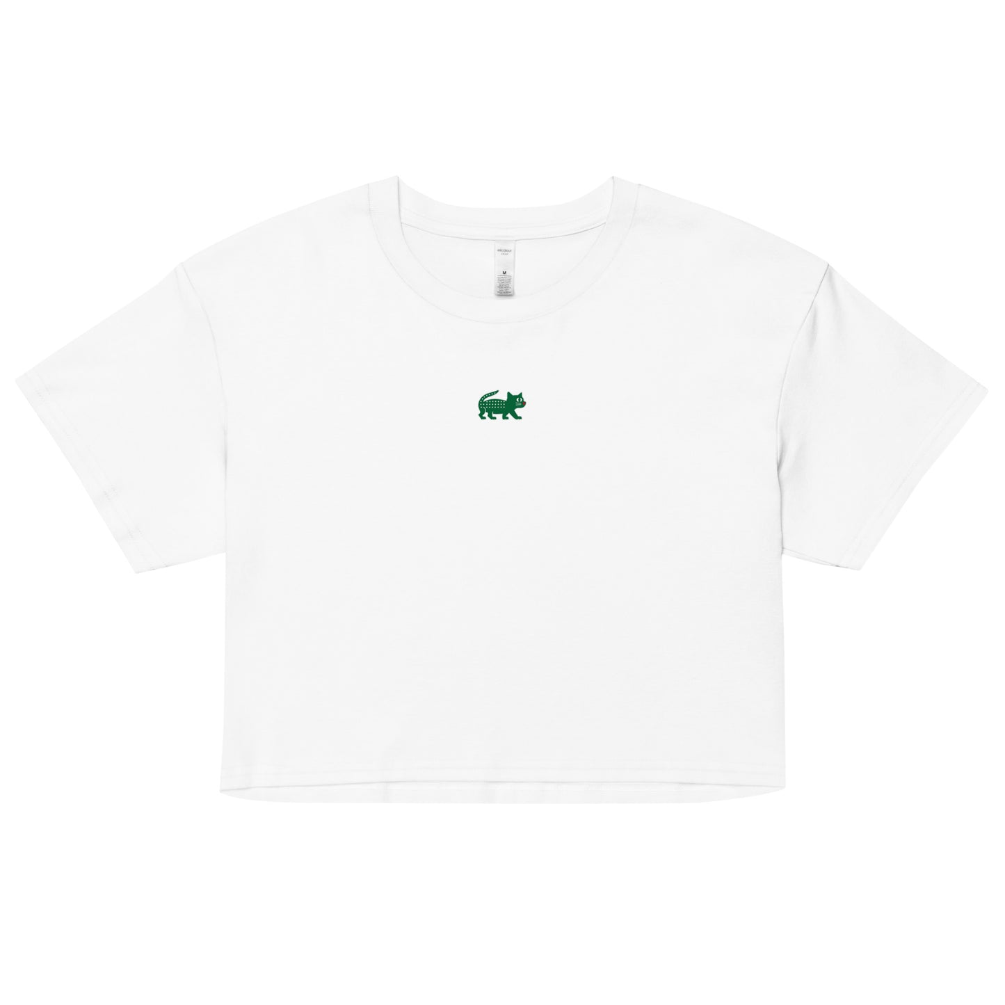 White t-shirt with a green logo on a white background