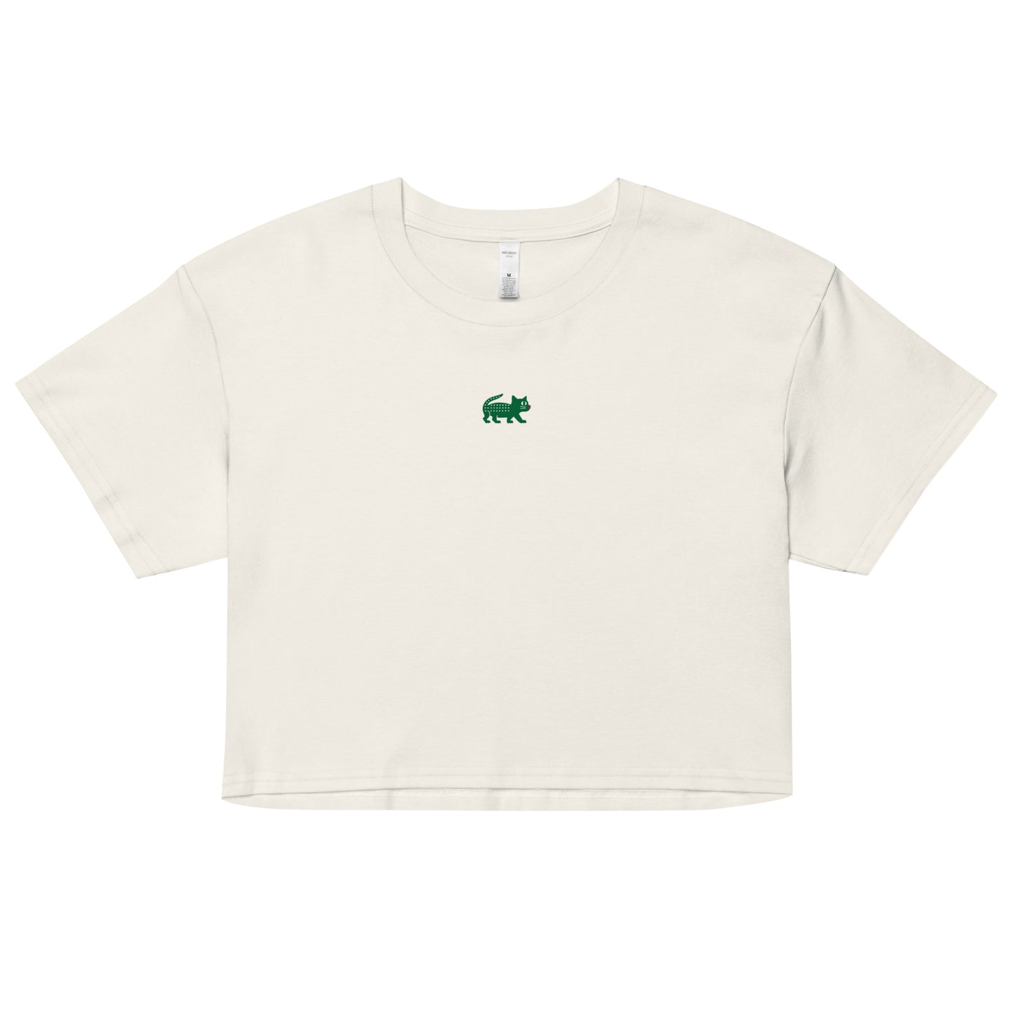 White crop top with a green logo on a white background