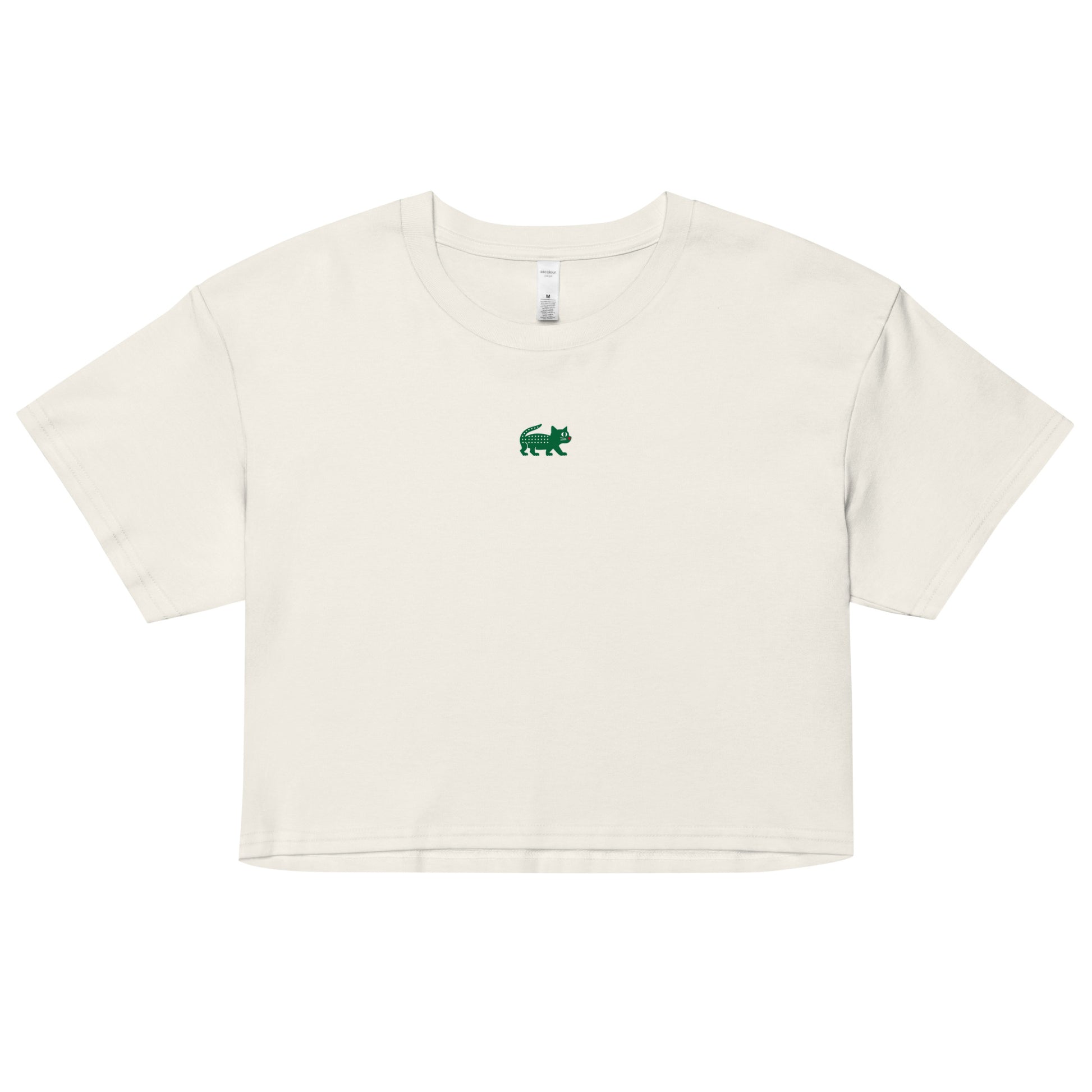 White crop top with a green logo on a white background