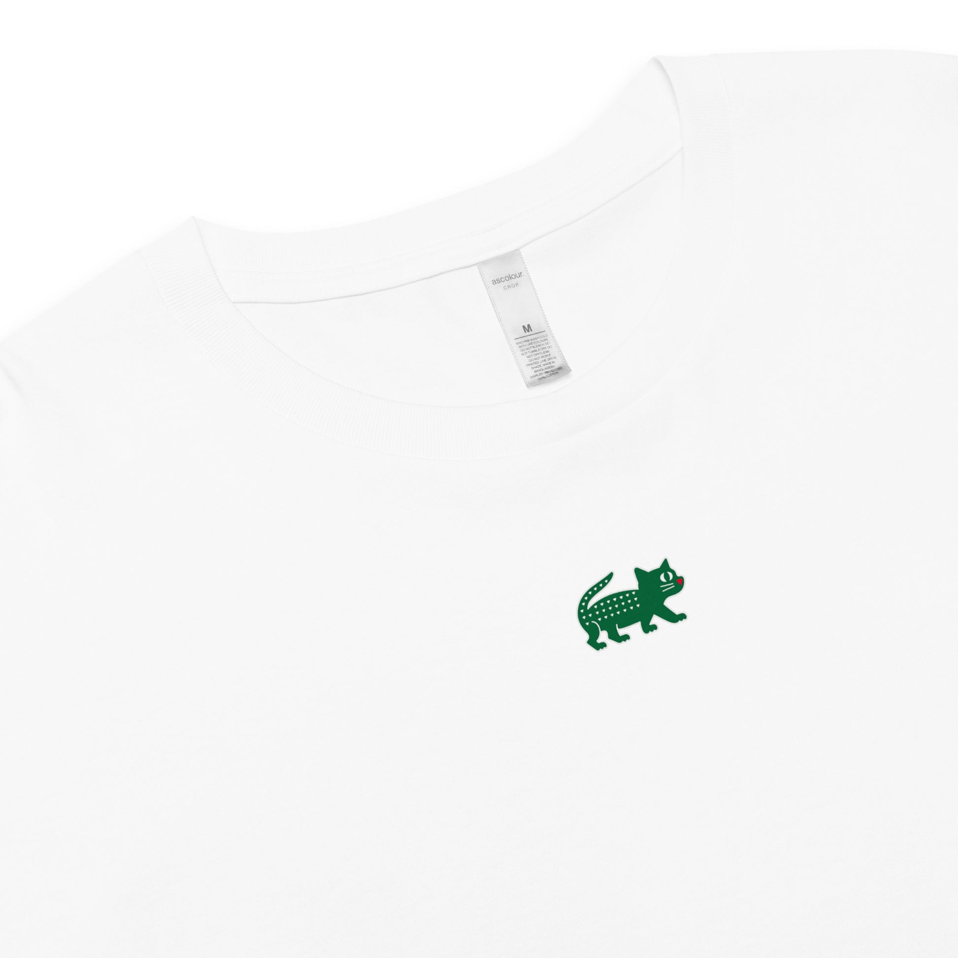 White t-shirt with a green logo on a white background