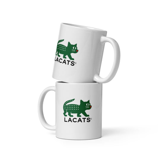 Two white mugs with green and black 'LACATS' logo on a white background