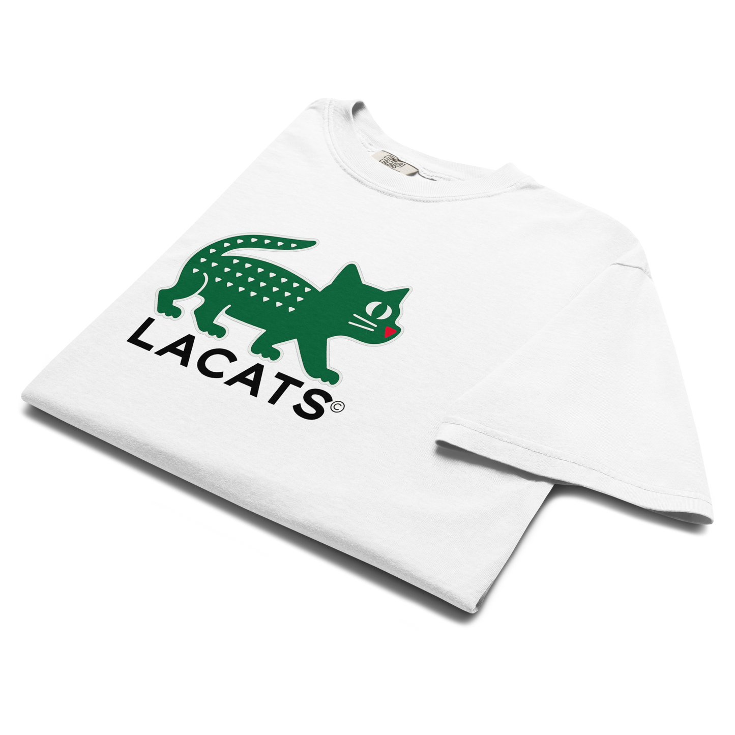 White t-shirt with green and black logo on a white background