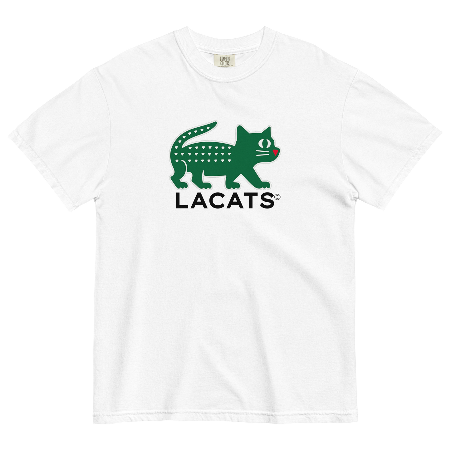 White t-shirt with green and black 'LACATS' logo on a white background