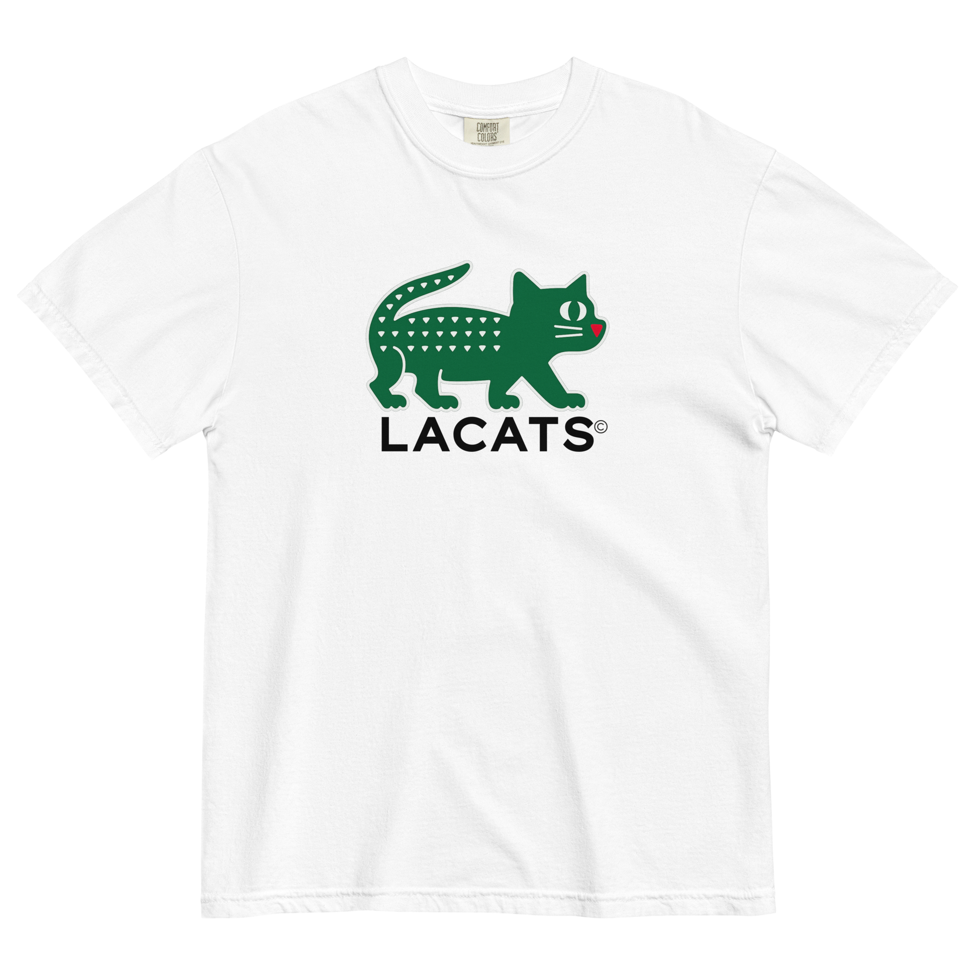 White t-shirt with green and black 'LACATS' logo on a white background