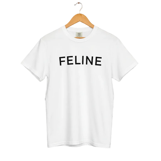 White t-shirt with 'FELINE' text on a white background