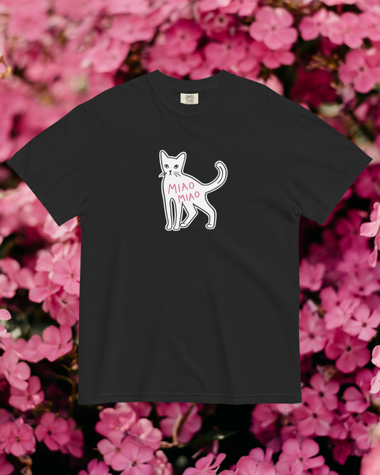 Black t-shirt with a white cat graphic and 'MIAO MIAO' text on a pink floral background