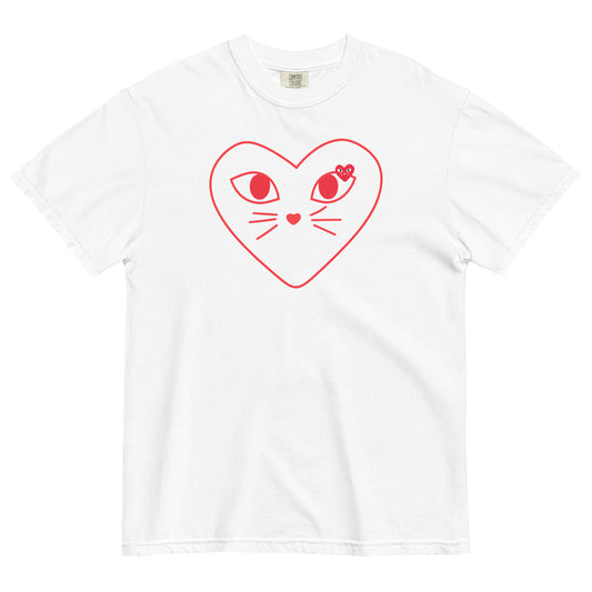 White t-shirt with a red heart-shaped cat face design on a white background