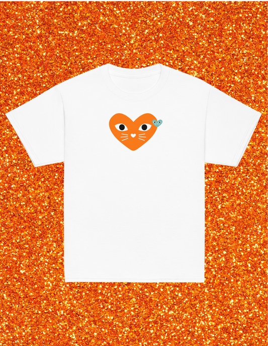 White Tee with Orange Kitten Heart on Glitter background