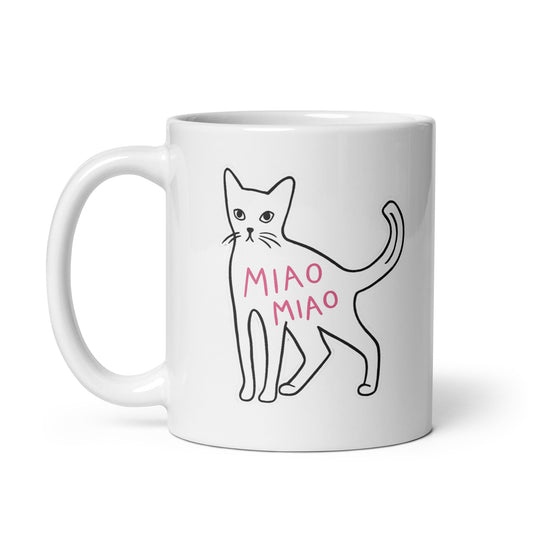 White mug with a cat illustration and 'MIAO MIAO' text on a white background