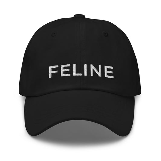 Black cap with 'FELINE' embroidered on it against a white background