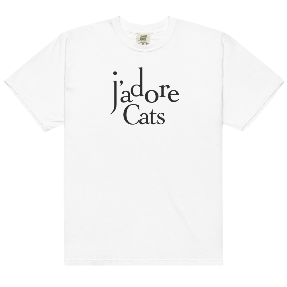 White t-shirt with 'j'adore Cats' text on a white background