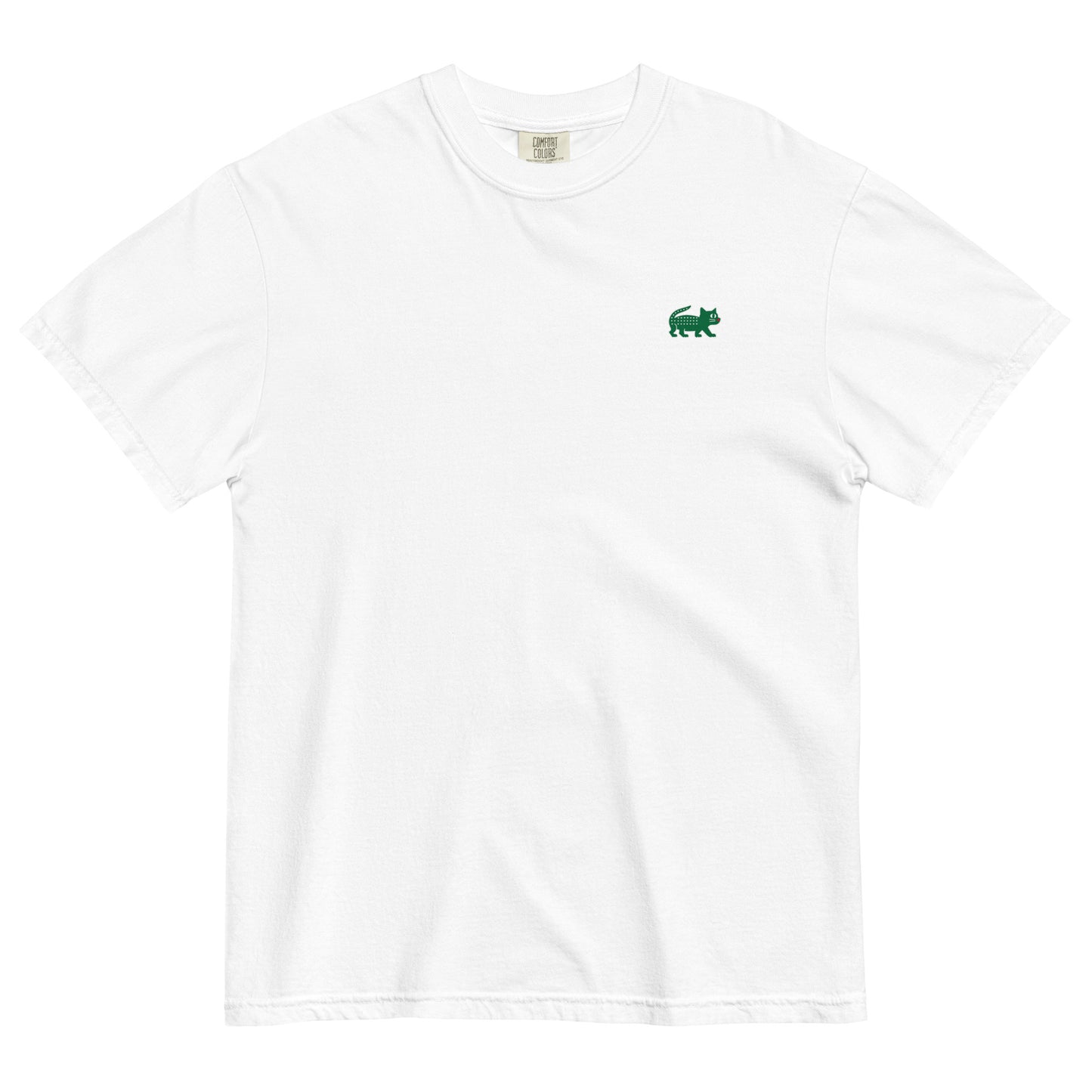 White t-shirt with a green logo on a white background