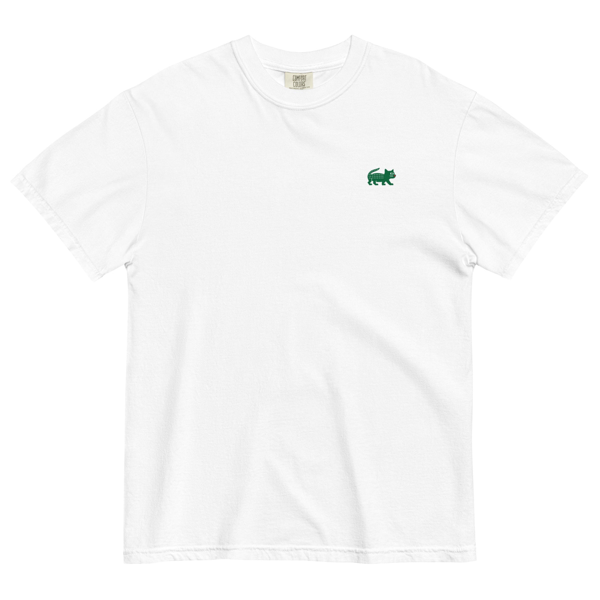 White t-shirt with a green logo on a white background