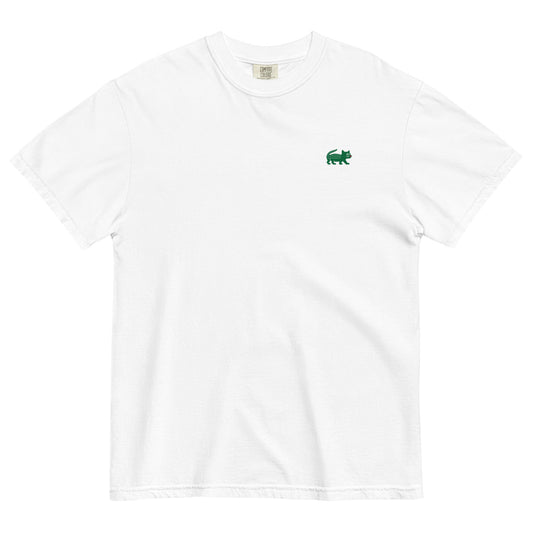 White t-shirt with a green logo on a white background