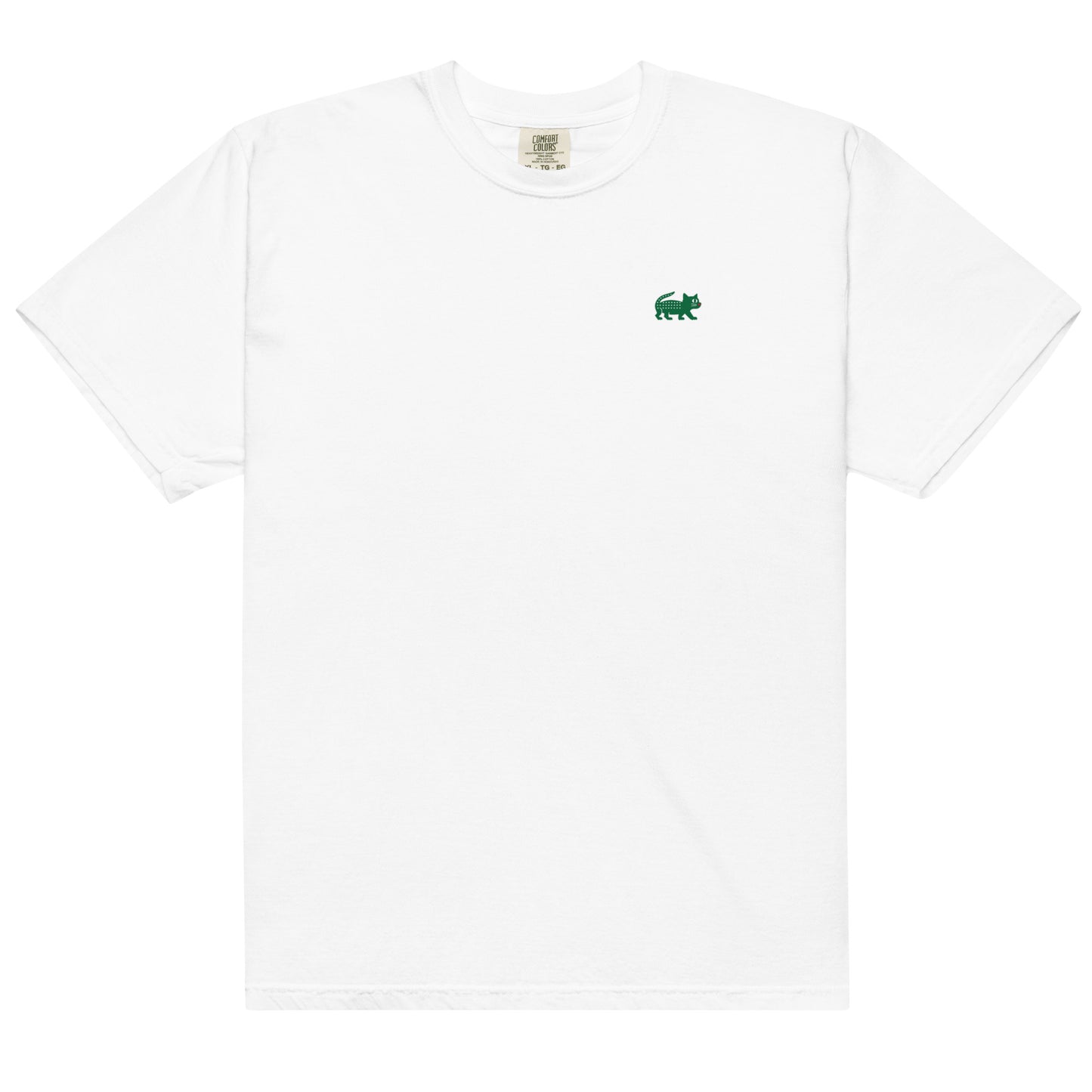 White t-shirt with a green logo on a white background