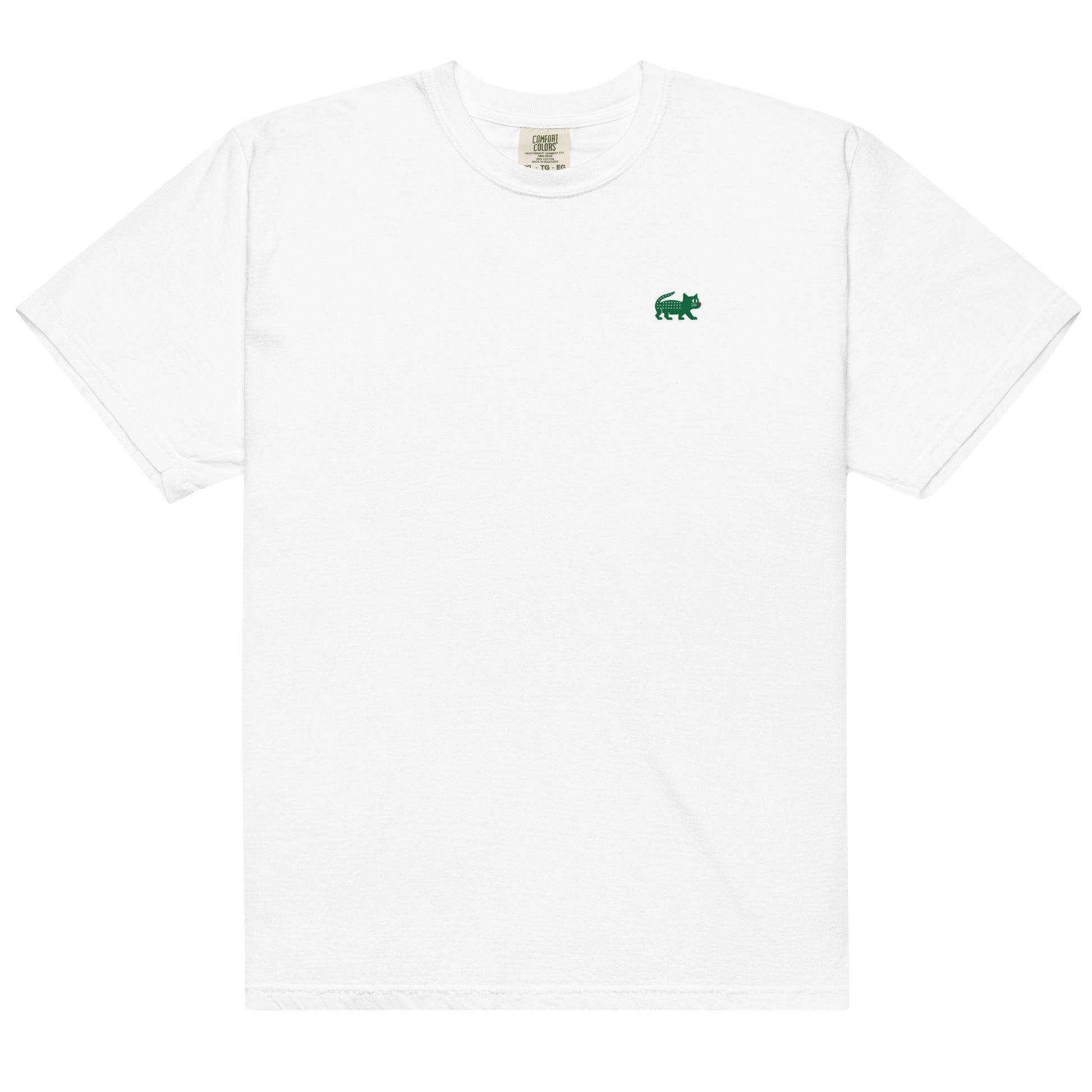 White t-shirt with a green logo on a white background