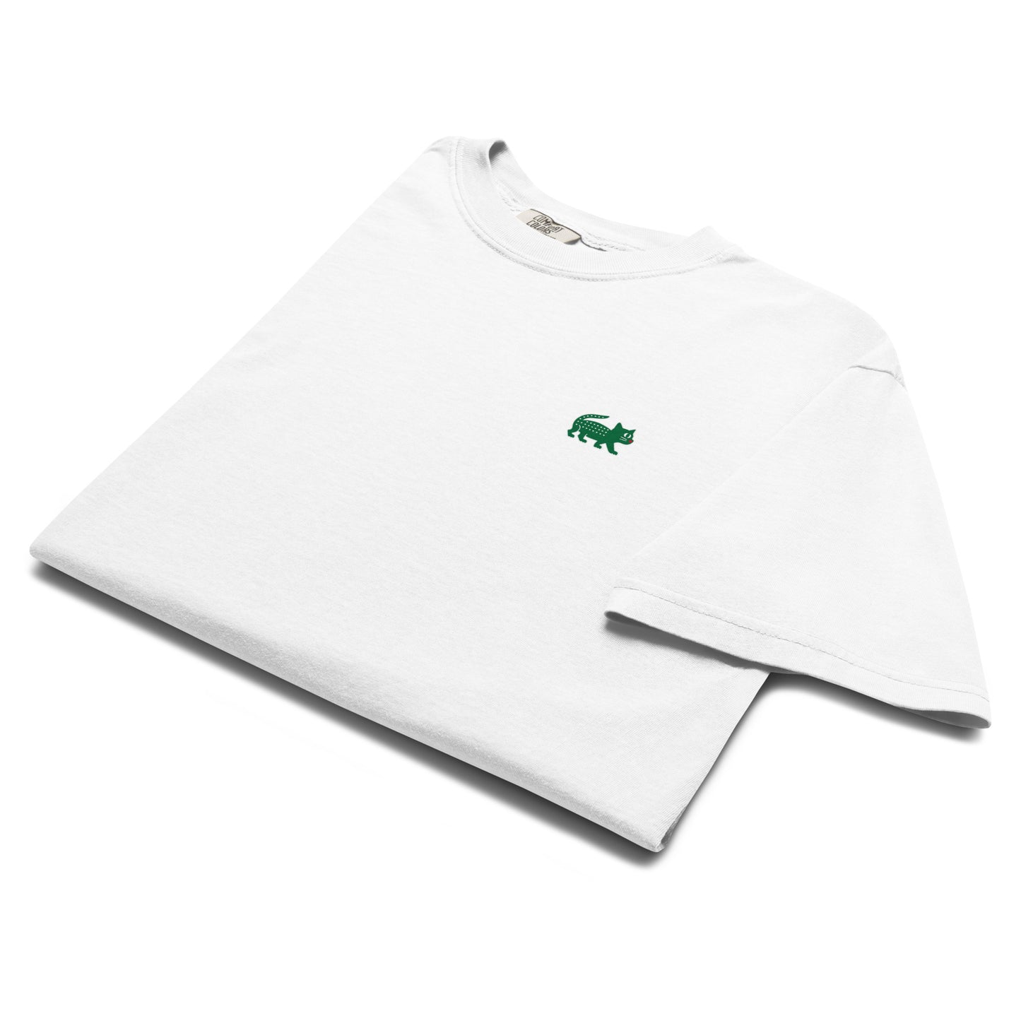 White t-shirt with a green logo on a white background
