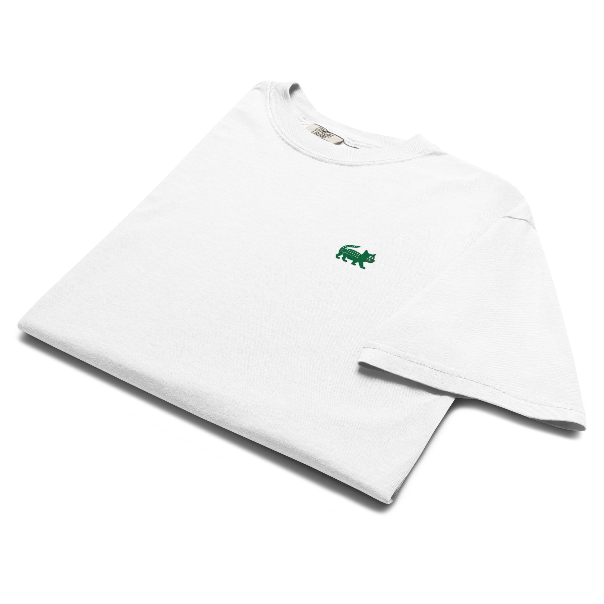 White t-shirt with a green logo on a white background