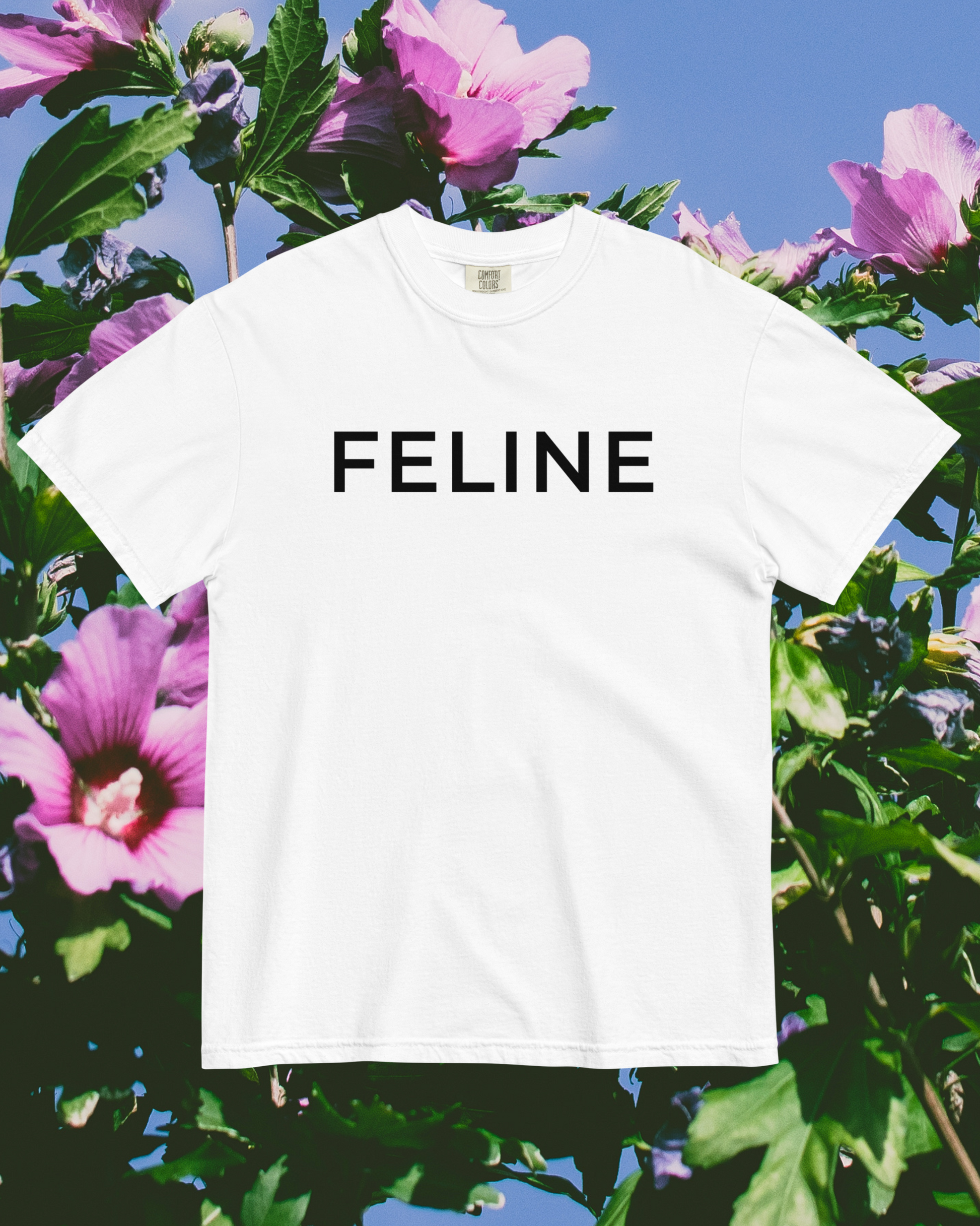 White cotton cat t-shirt with “FELINE” text in bold black, Maison Kitn design is inspired by CELINE.