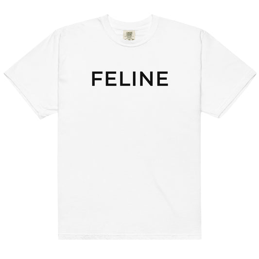 White cotton cat t-shirt with “FELINE” text in bold black, Maison Kitn design is inspired by CELINE.