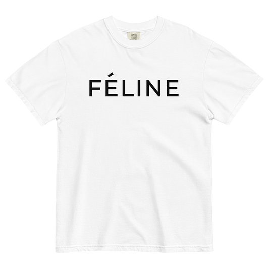 White cotton cat t-shirt with “FÉLINE” text in bold black, Maison Kitn design is inspired by Céline.