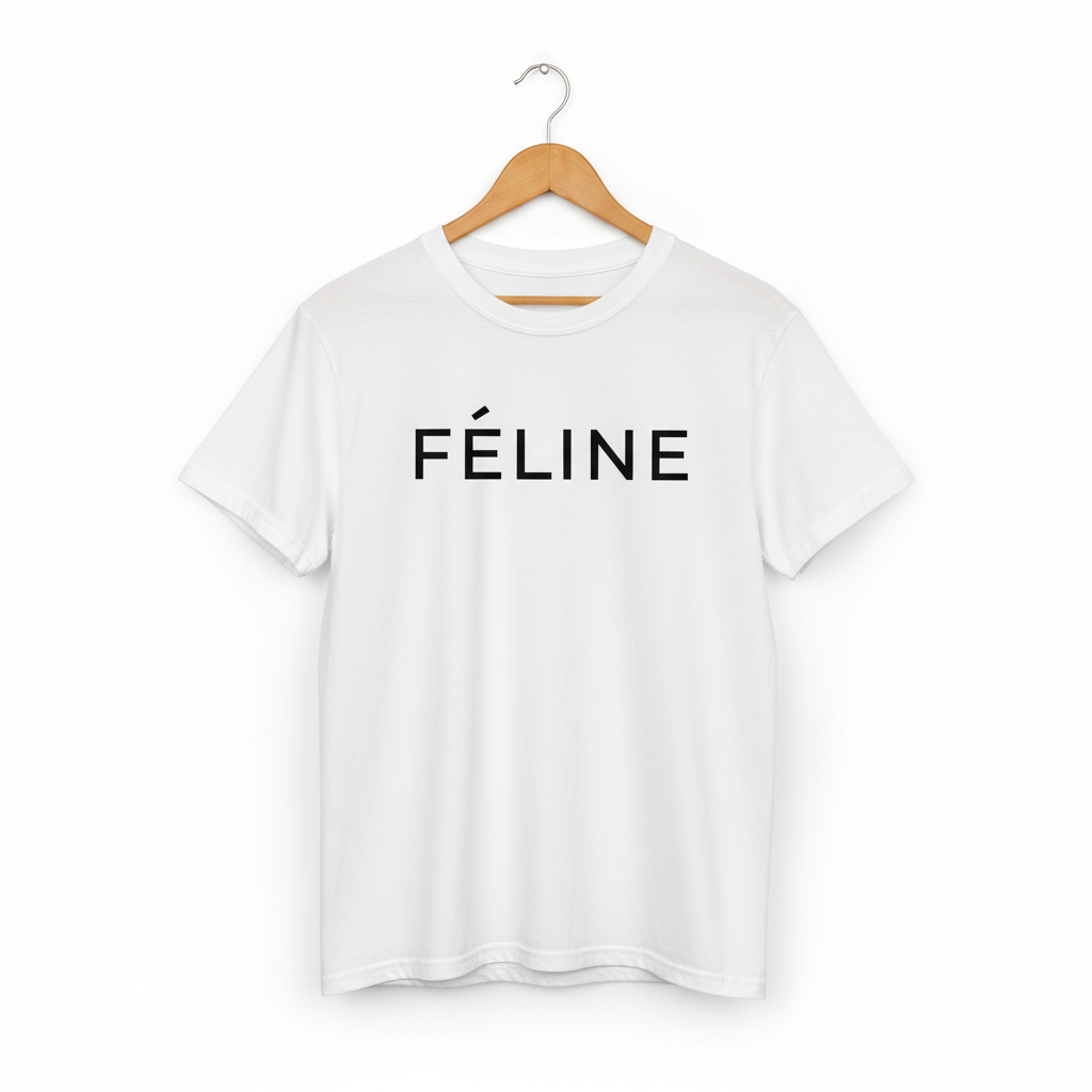 White cotton cat t-shirt with “FÉLINE” text in bold black, Maison Kitn design is inspired by Céline.