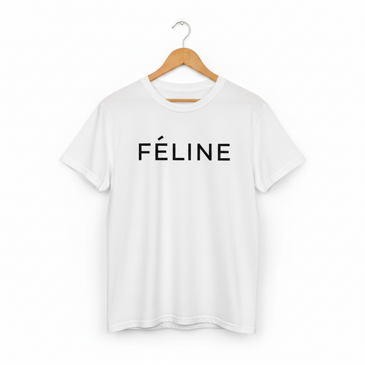 White cotton cat t-shirt with “FÉLINE” text in bold black, Maison Kitn design is inspired by Céline.