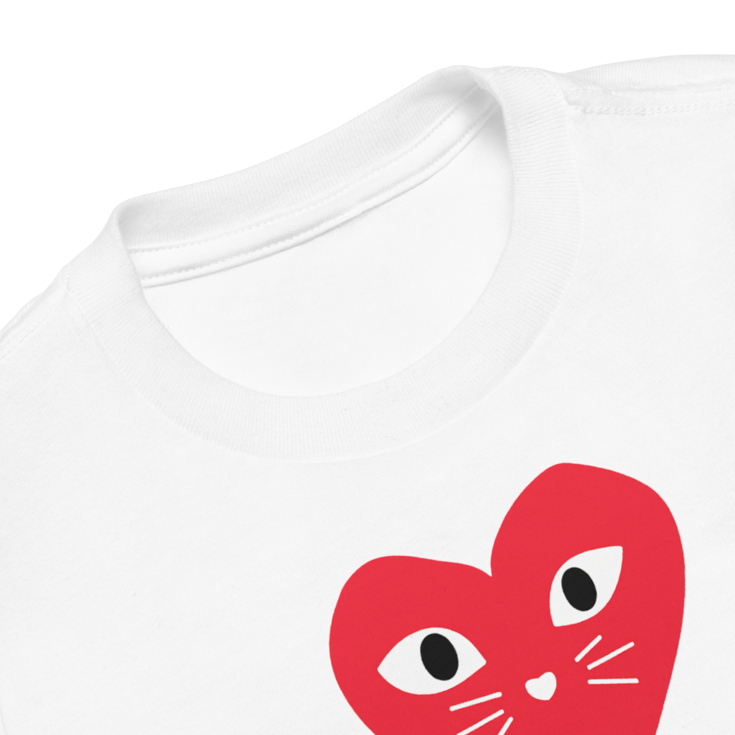 White t-shirt with a red heart-shaped cat face design on a white background