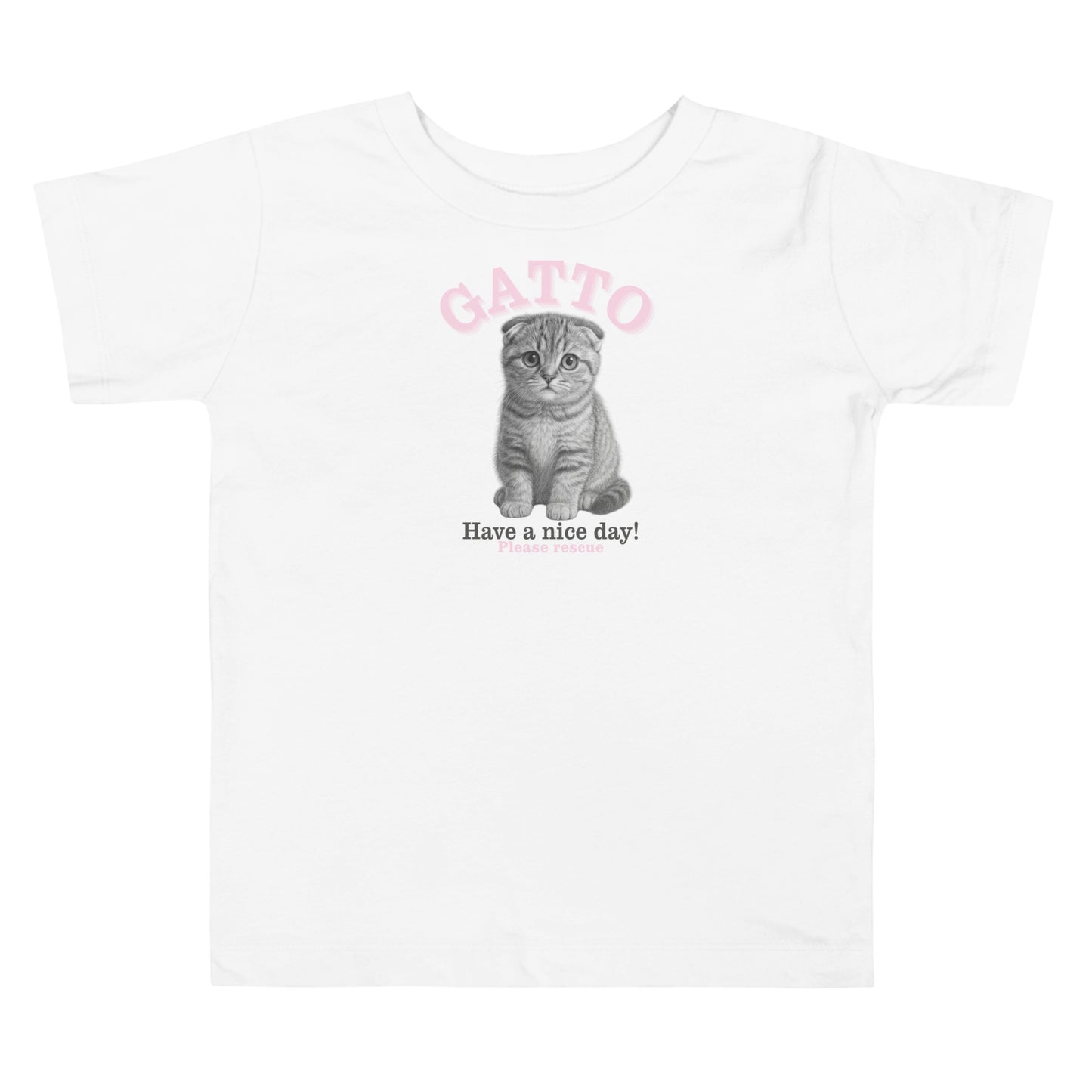 White t-shirt with a gray kitten graphic and 'Have a nice day!' text on a white background
