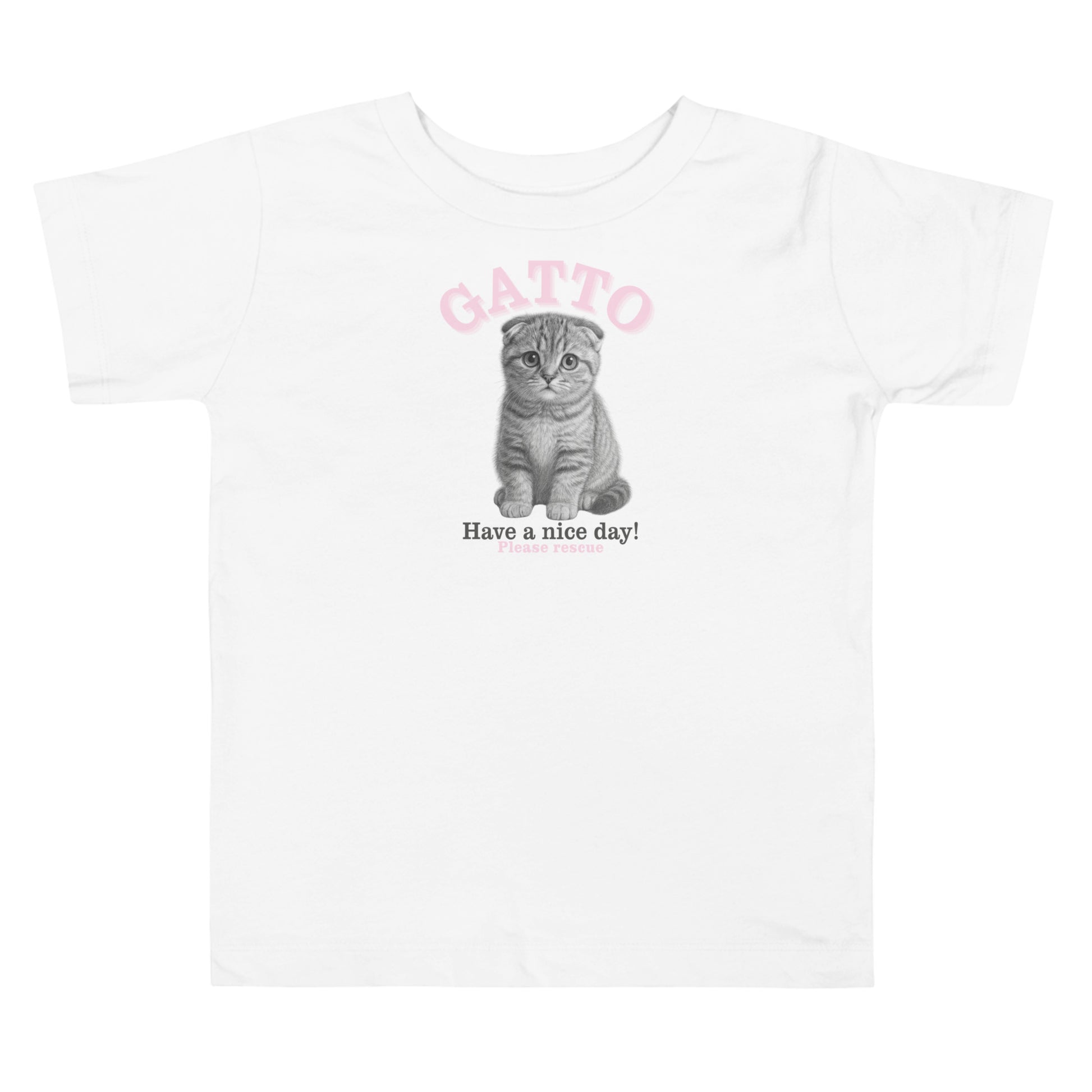 White t-shirt with a gray kitten graphic and 'Have a nice day!' text on a white background
