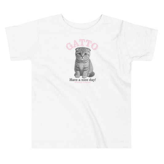 White t-shirt with a gray kitten graphic and text on a white background