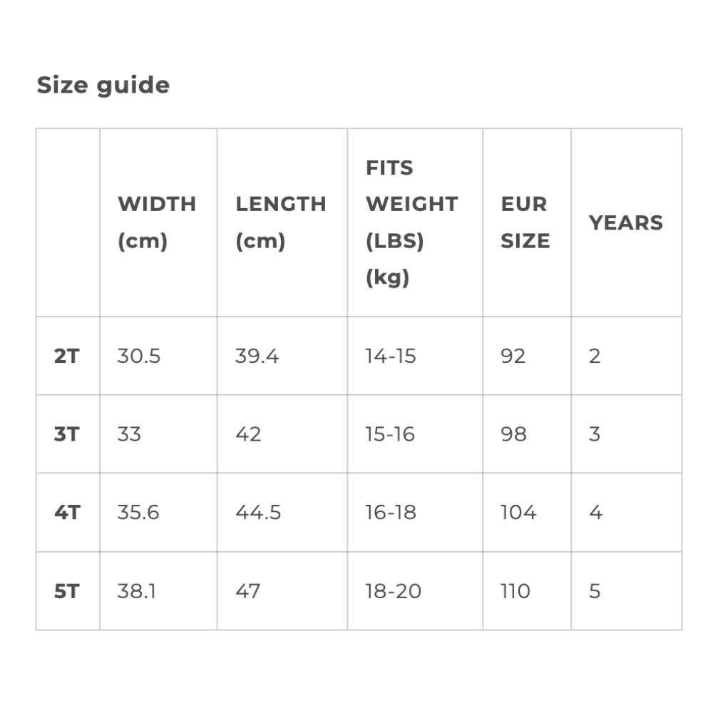 Size guide chart for children's clothing with dimensions, weight, and age ranges.
