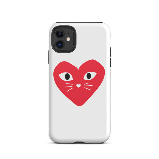 Phone case with a red heart design featuring cat eyes and whiskers on a white background