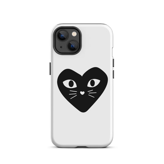 Phone case with a black heart-shaped cat design on a white background