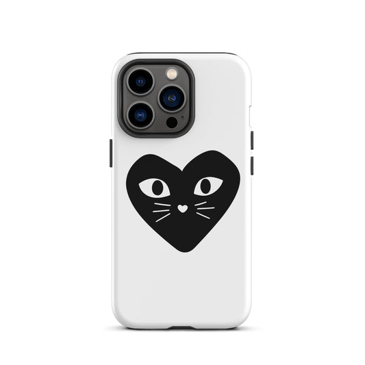 Phone case with a black heart-shaped cat design on a white background