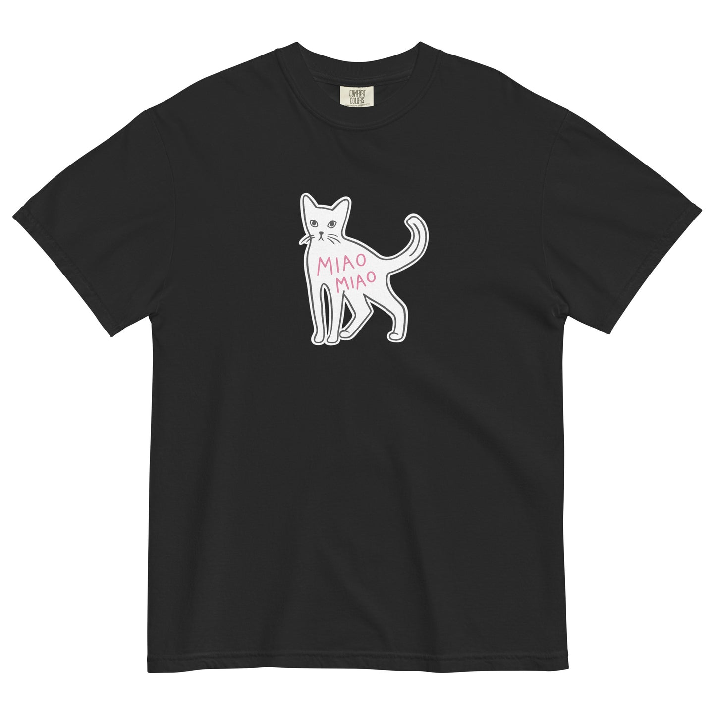 Black cotton cat t-shirt with hand-drawn black cat graphic and pink “MIAO MIAO” lettering, Maison Kitn parody design inspired by Miu Miu.