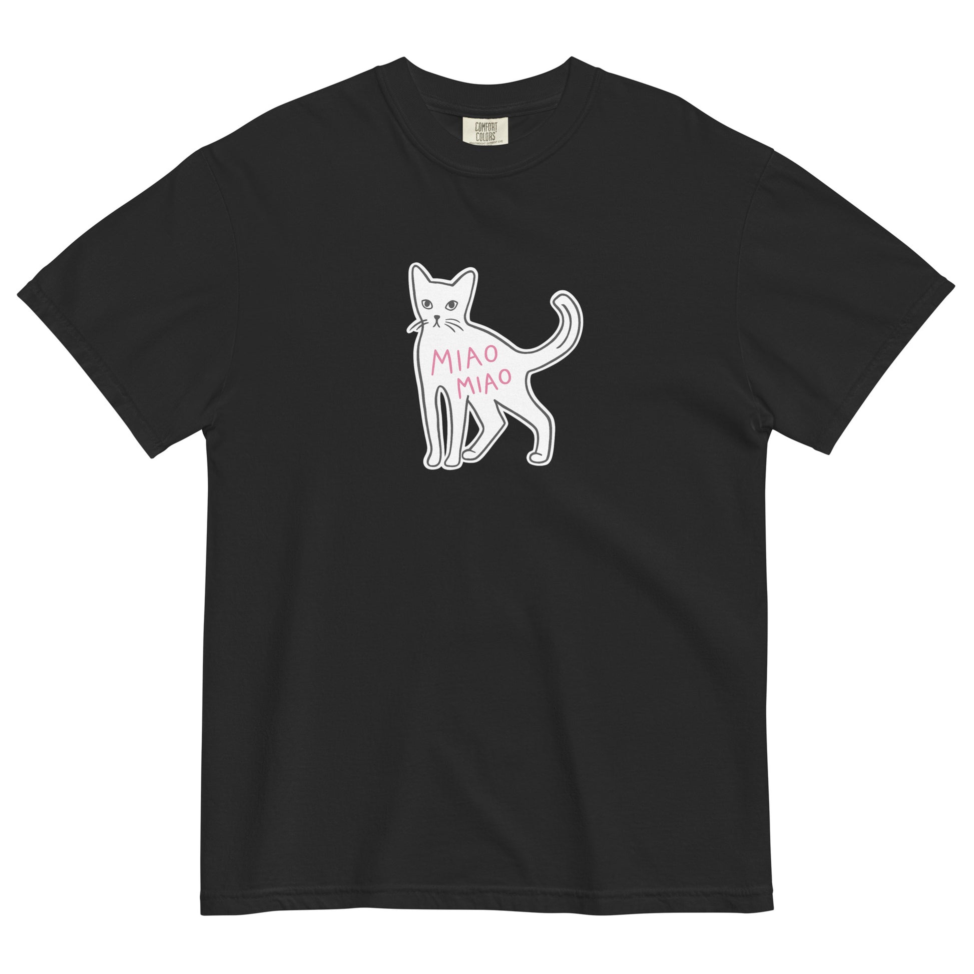 Black cotton cat t-shirt with hand-drawn black cat graphic and pink “MIAO MIAO” lettering, Maison Kitn parody design inspired by Miu Miu.