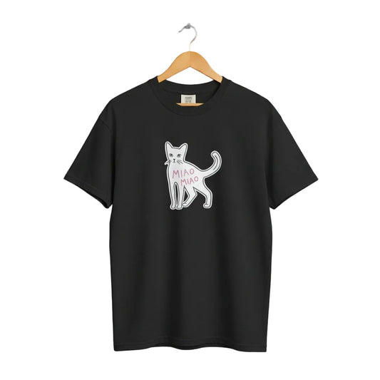 Black cotton cat t-shirt with hand-drawn black cat graphic and pink “MIAO MIAO” lettering, Maison Kitn parody design inspired by Miu Miu.