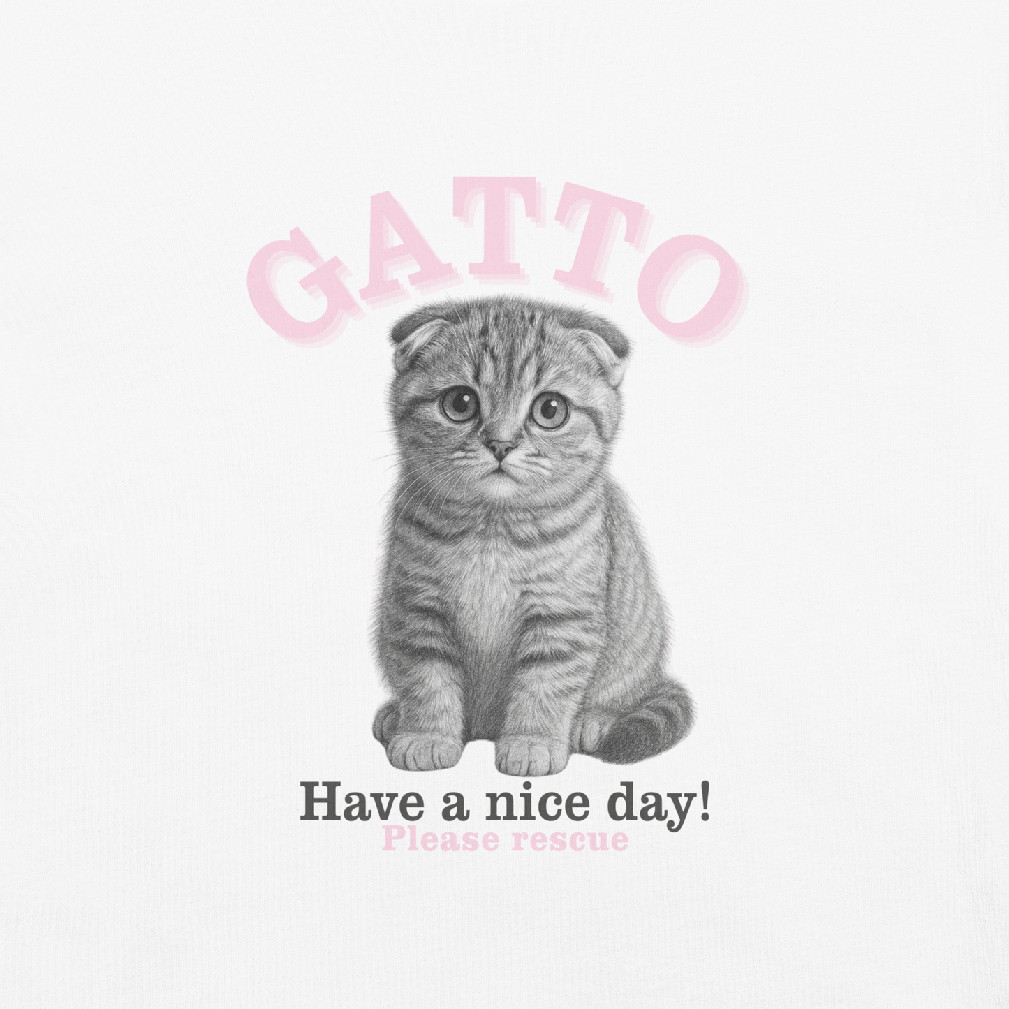 White cotton cat t-shirt with “GATTO” text in light pink lettering and kitten graphic, Maison Kitn parody design inspired by GANNI.