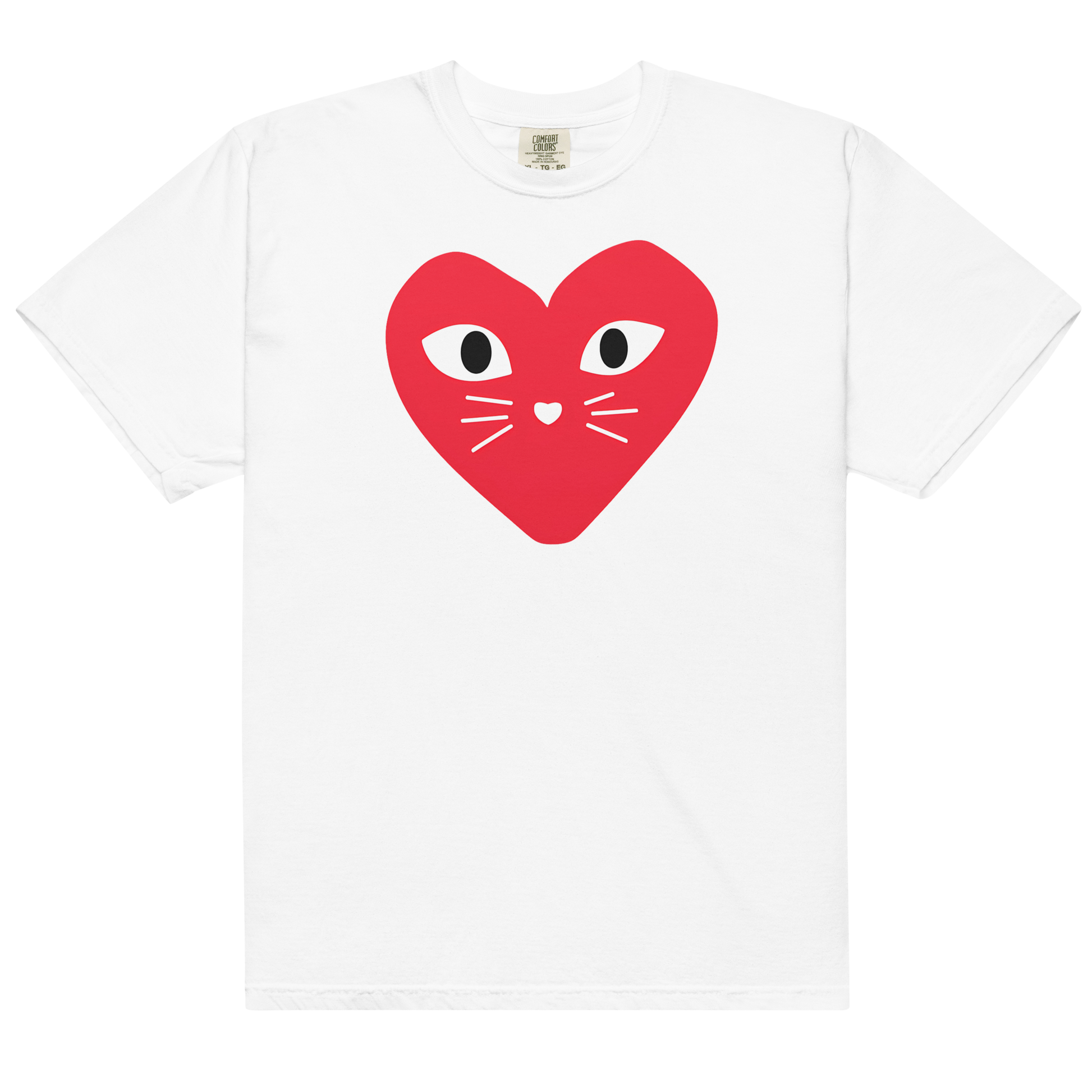 White t-shirt with a red heart-shaped design featuring cat eyes and whiskers on a white background.